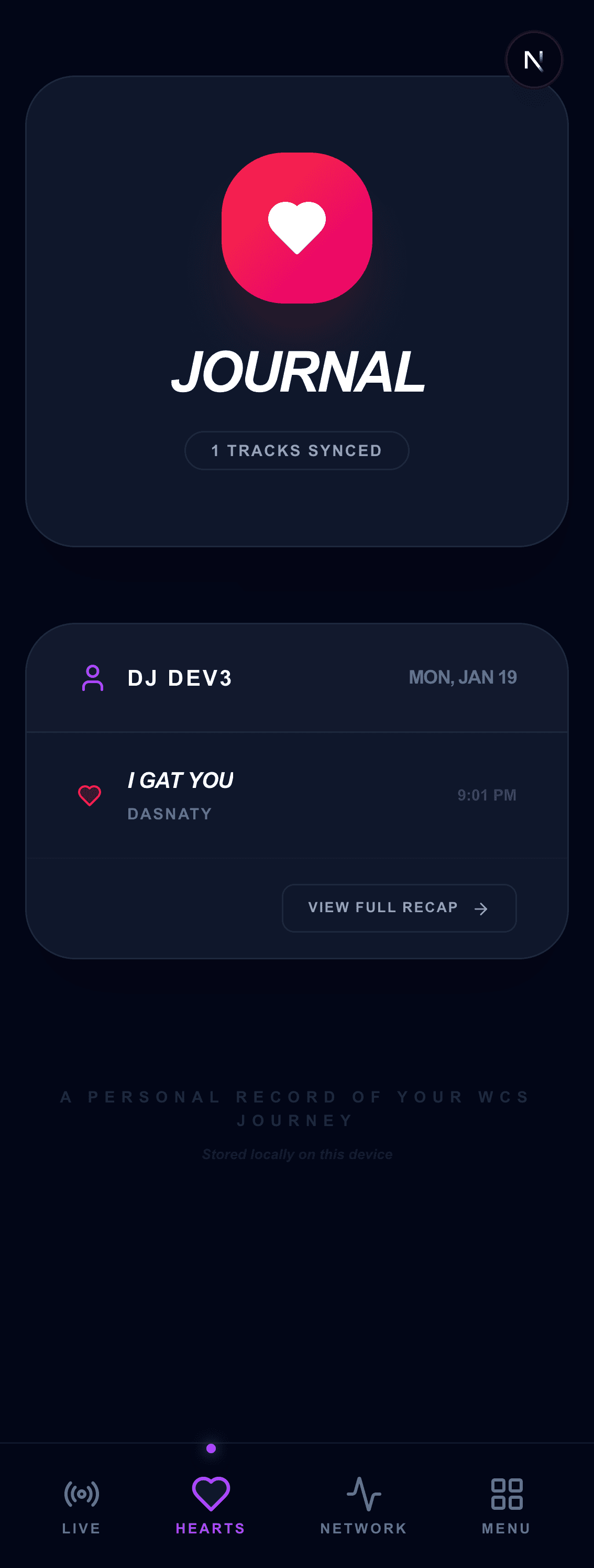 The Pika! Personal Journal showing a history of liked tracks grouped by session and date.