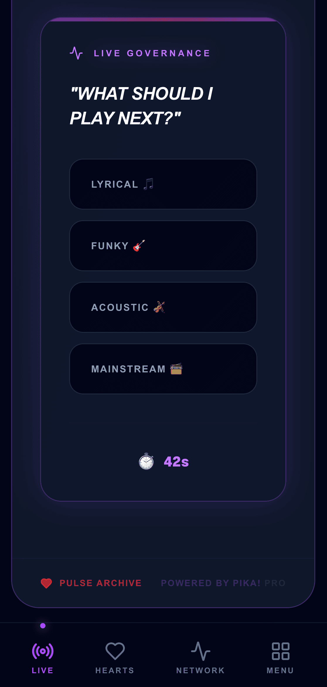 Live Floor Governance screen where dancers can anonymously vote on current track energy and tempo.